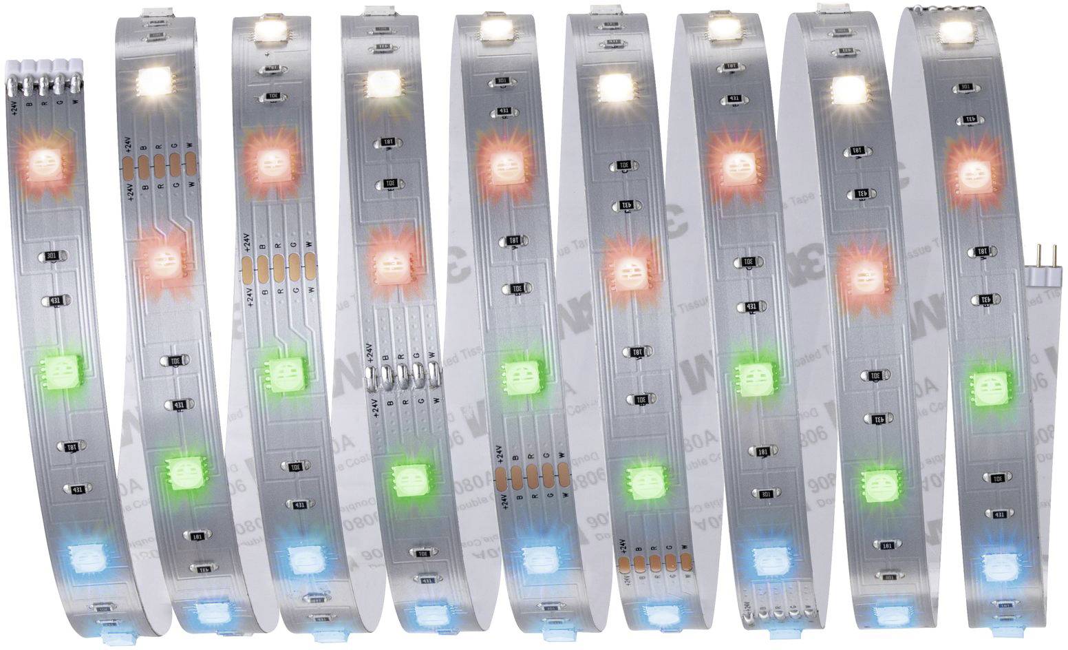 LED light strip in multiple colours on a transparent strip, displaying blue, red, green, and white light, suitable for decoration.