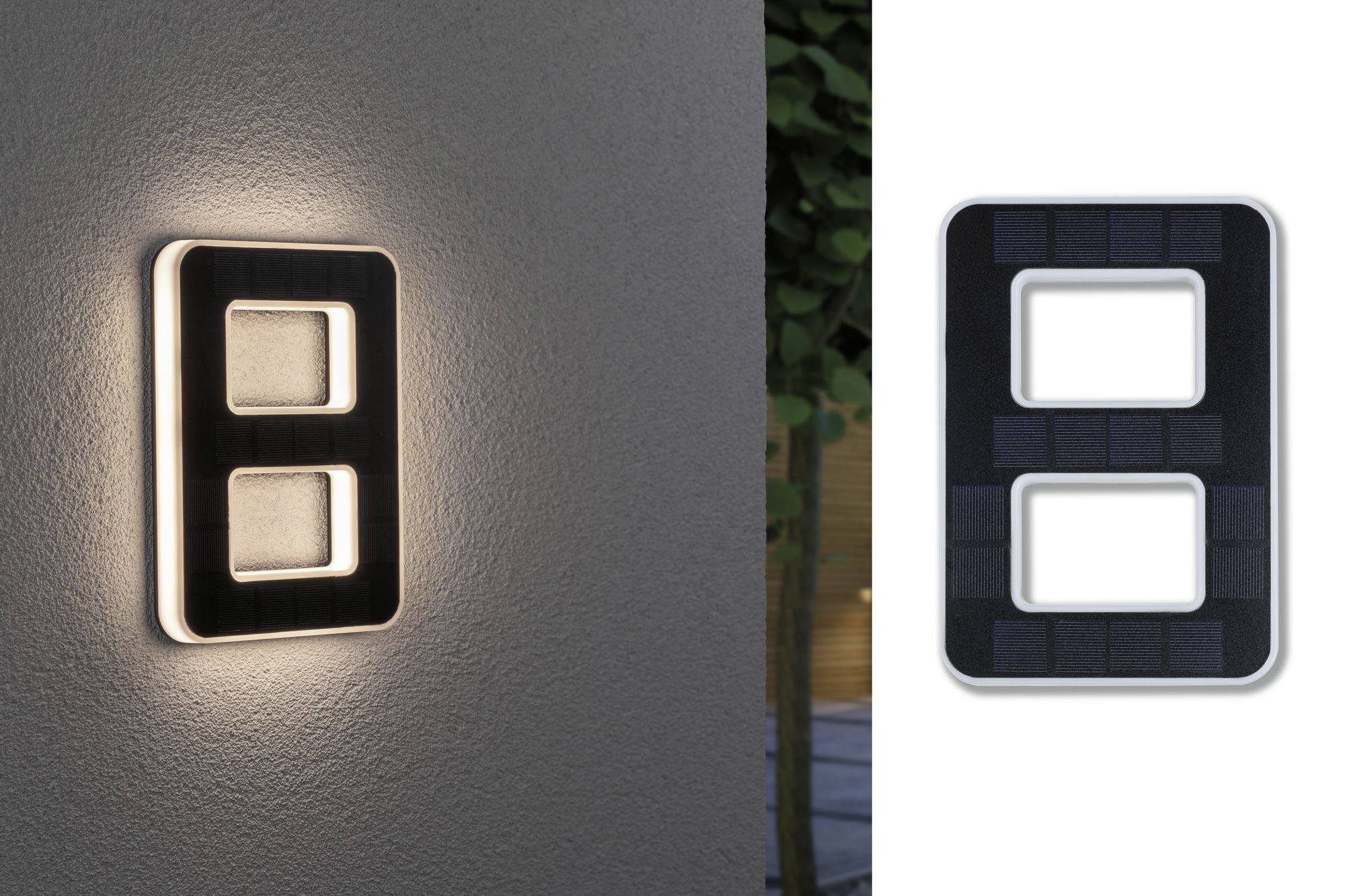 A modern exterior light in the shape of a stylised figure '8' illuminates against a wall. On the right, the design can be seen without lighting.
