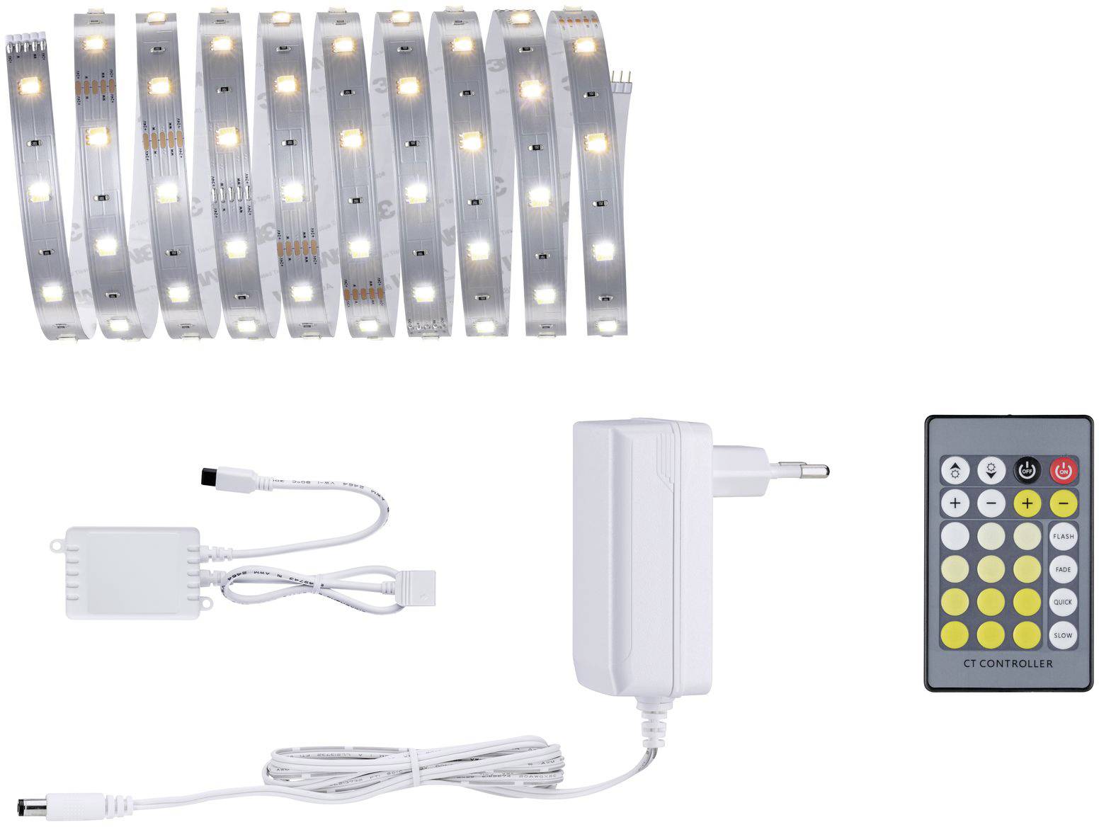 LED light strip set with remote control, power supply and connecting piece. Includes multiple lighting modes and connection options.