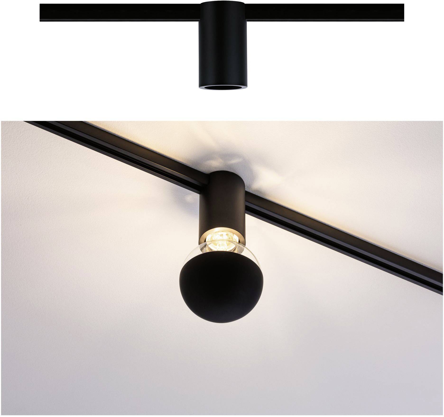 Black ceiling light with modern design, featuring a round lamp head containing a clear light bulb, mounted on a track.