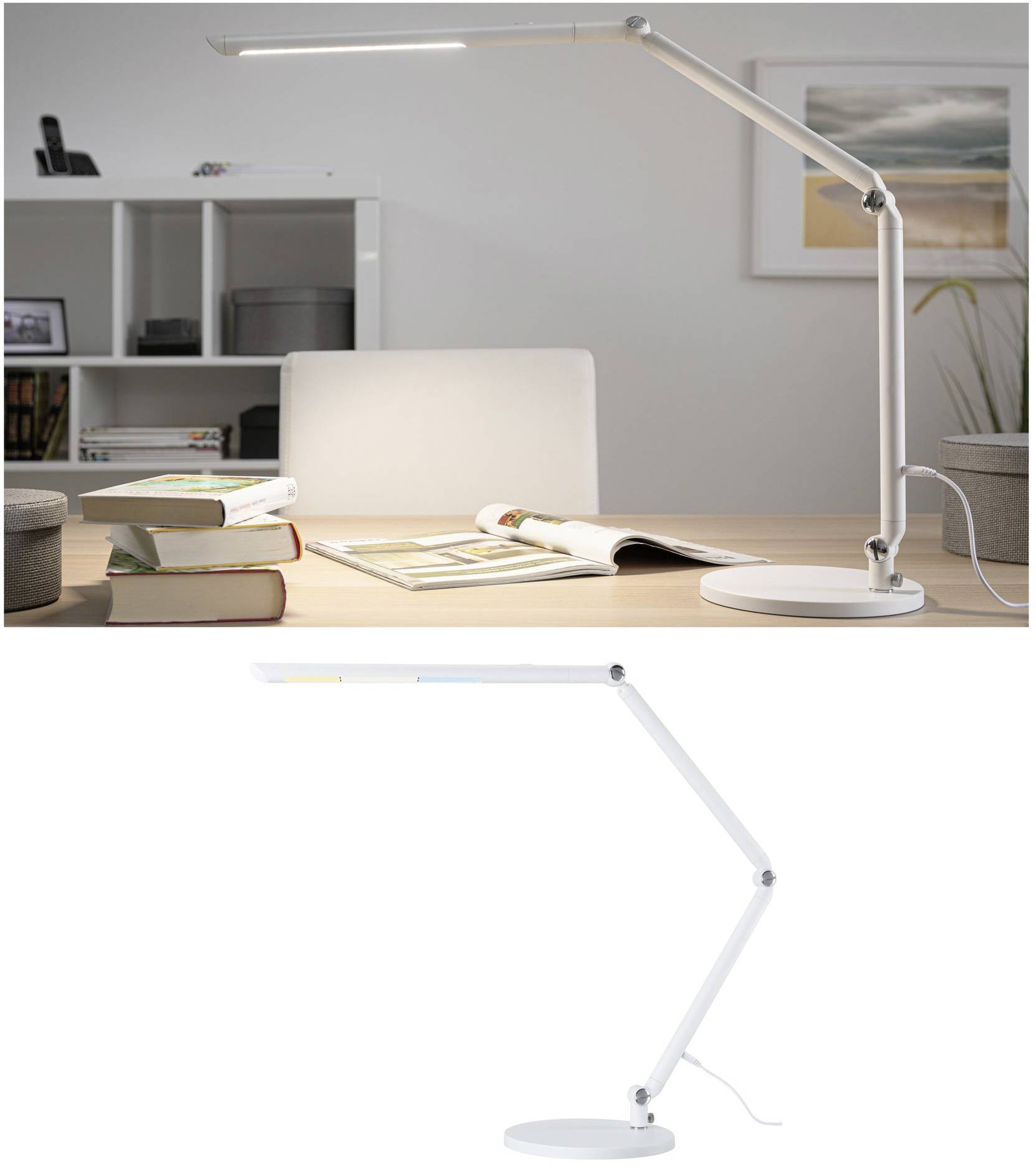 A white desk lamp with an adjustable arm stands on a table, surrounded by books. A bookshelf is visible in the background.