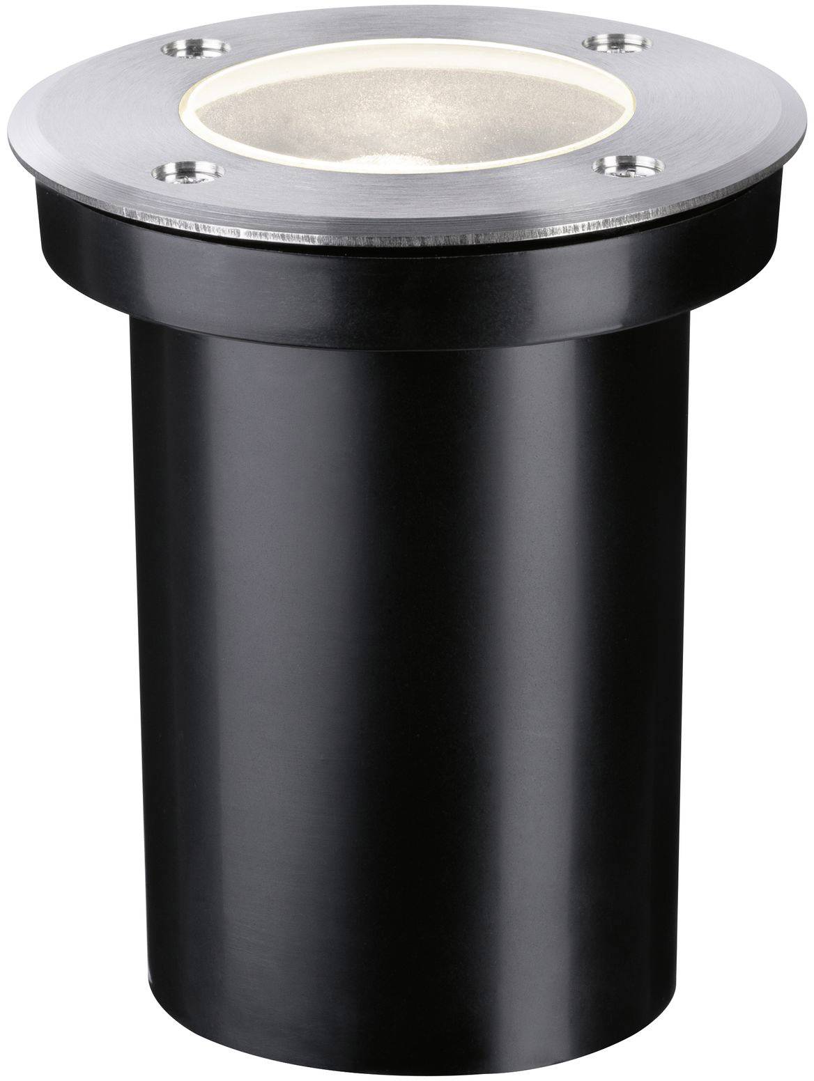 Black cylindrical recessed light with silver top surface and four mounting screws, suitable for outdoor use.