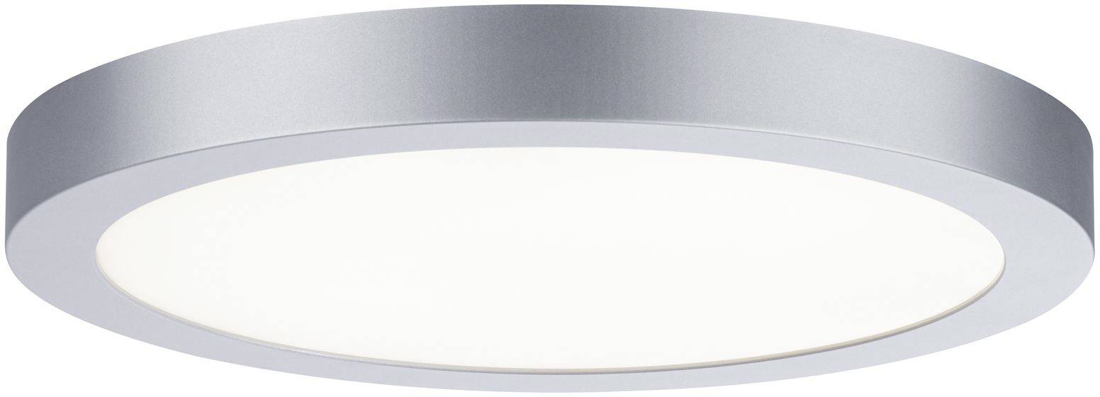 Round ceiling light with silver trim and white cover, suitable for modern living spaces.