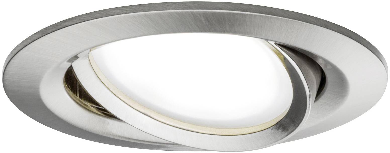 Modern, round recessed spotlight in a brushed stainless steel finish with adjustable lamp head. Suitable for ceiling mounting.