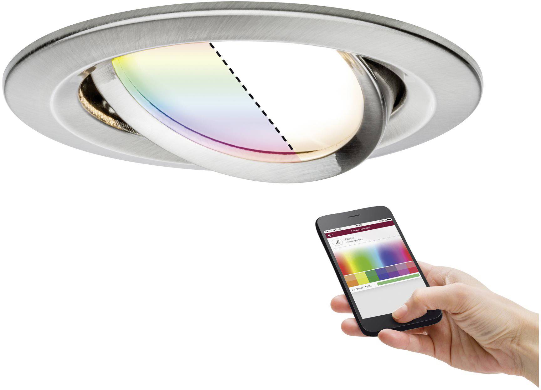 Smartphone controls colour-changing ceiling light.