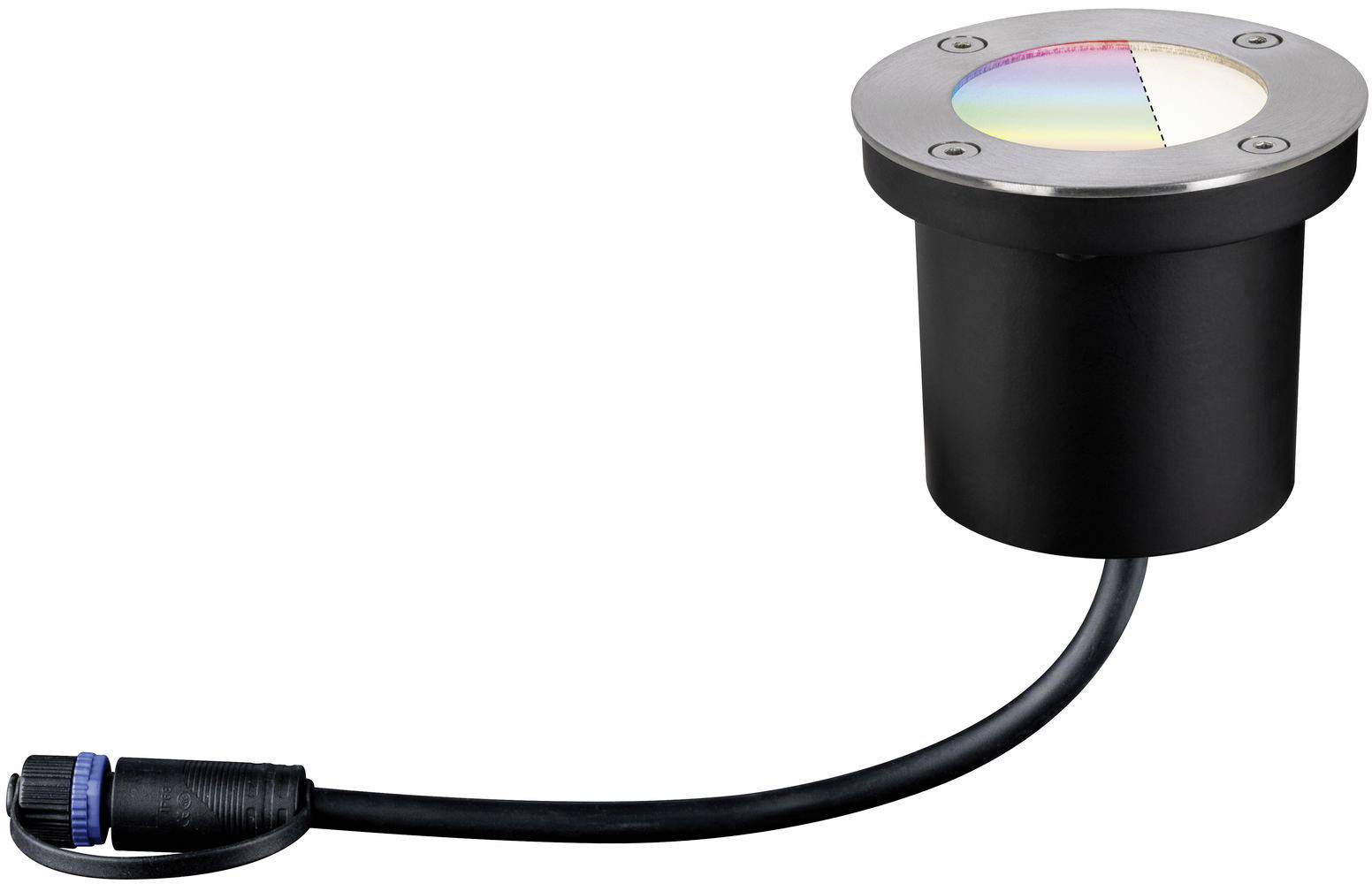 Installation of a circular ground radiation light sensor with a black housing and cable. The top surface displays a rainbow spectral scale.