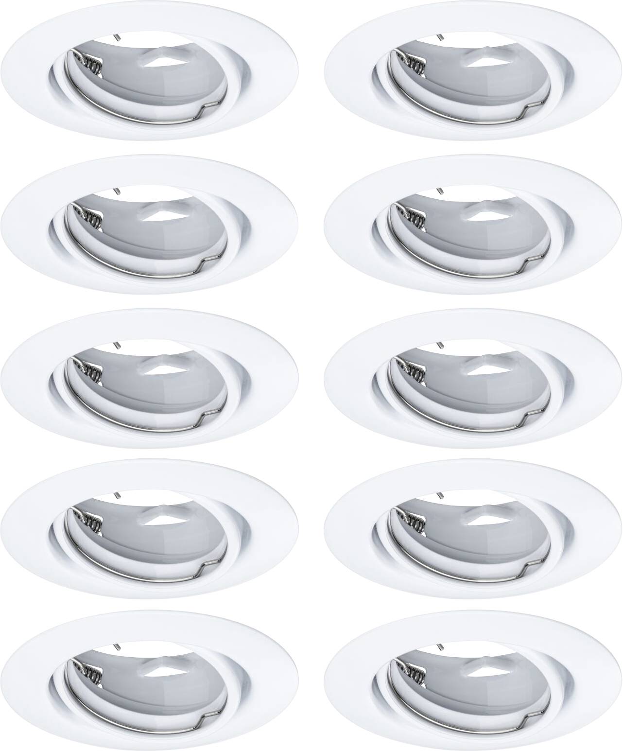 Ten round, white recessed lights with gleaming silver reflectors, evenly arranged in a grid network pattern.