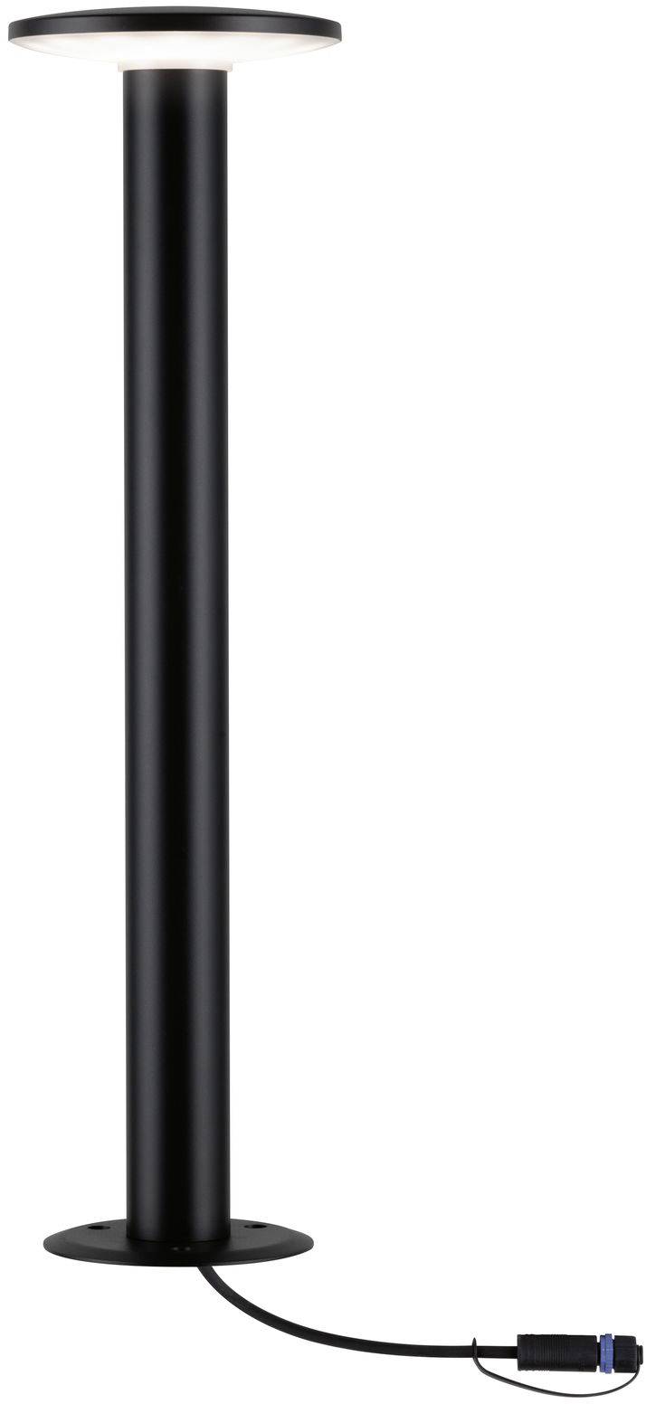 A black, cylindrical standard lamp with a round base and a cable with a plug.