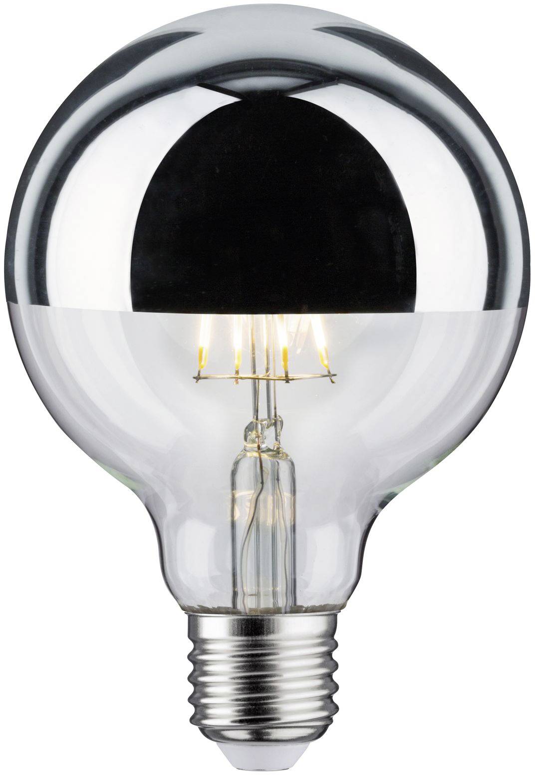 Clear light bulb with a mirrored top, which is switched on and has its filaments visible.