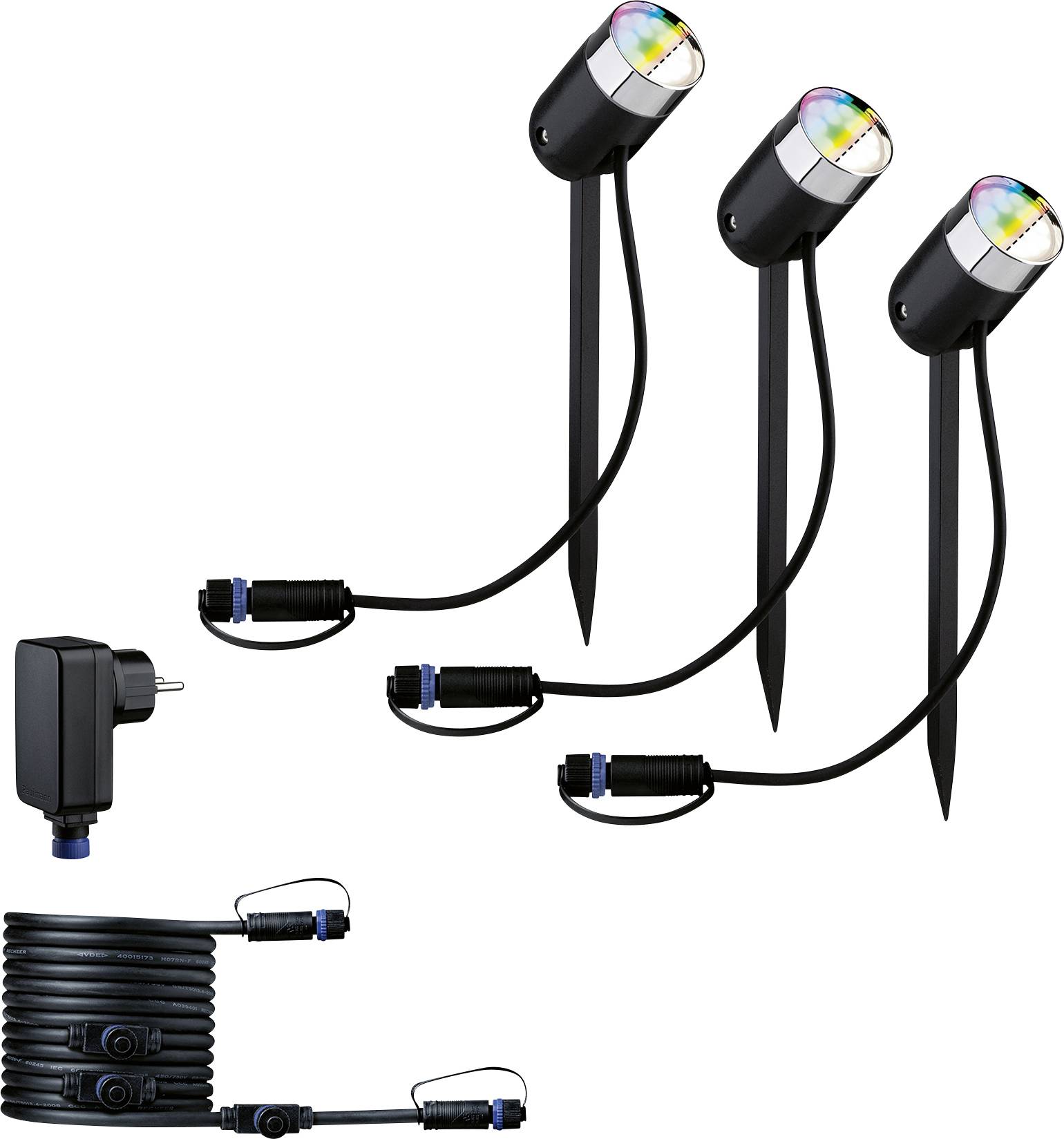 Three black garden spotlights with LED lights and ground stakes, connected by a cable. A mains plug is visible in the image.