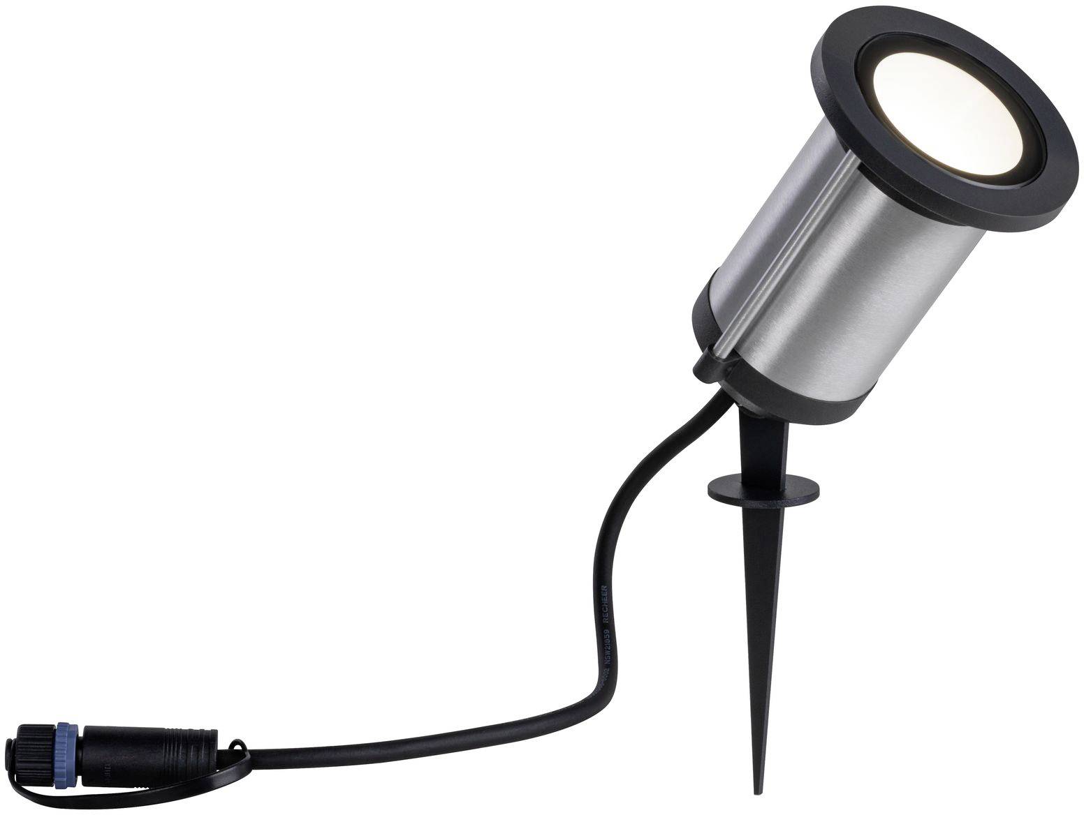 A silver garden lamp with ground spike and black cable. It is used for illuminating outdoor areas.