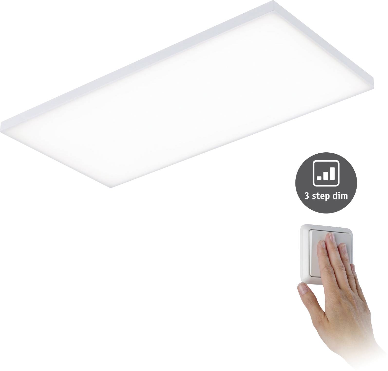 Rectangular LED ceiling light with adjustable brightness in three stages. Hand turning light switch with '3 step dim' symbol.