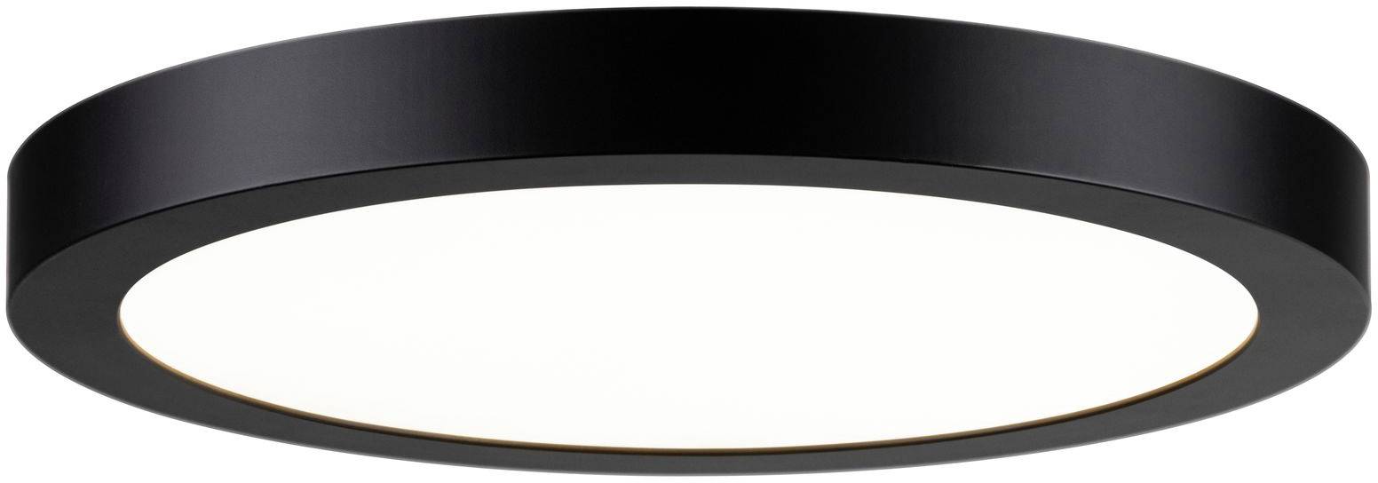 A round, black ceiling light with a white light panel in the centre. Ideal for modern interiors.