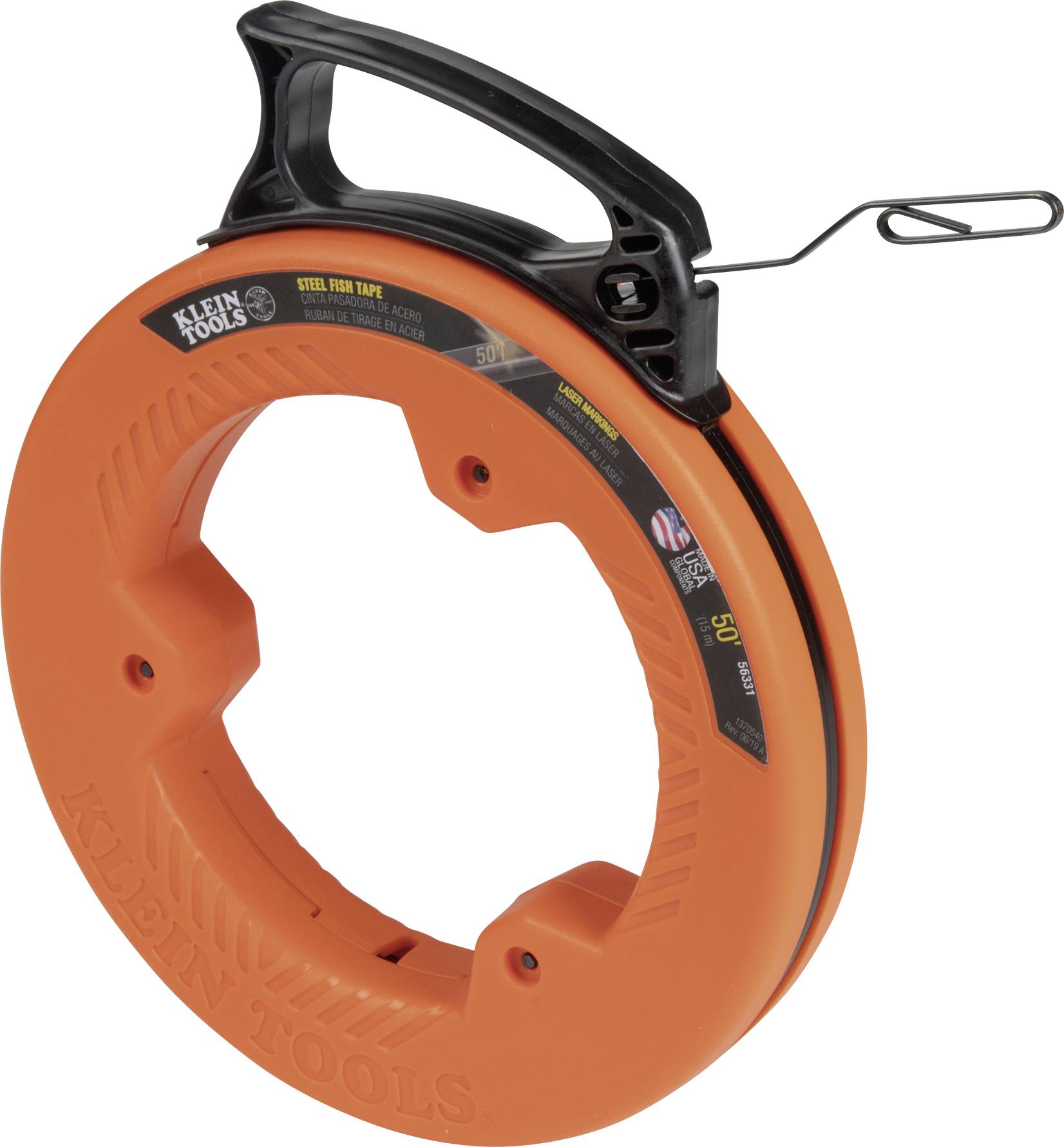 Steel fish tape from Klein Tools with black handle and orange spiral casing, ideal for pulling cables through walls or conduits.