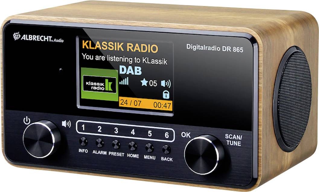 Albrecht DR 865 Desk radio DAB+, FM AUX Accessible, Incl. remote control, Keylock, Alarm clock Wood (dark)