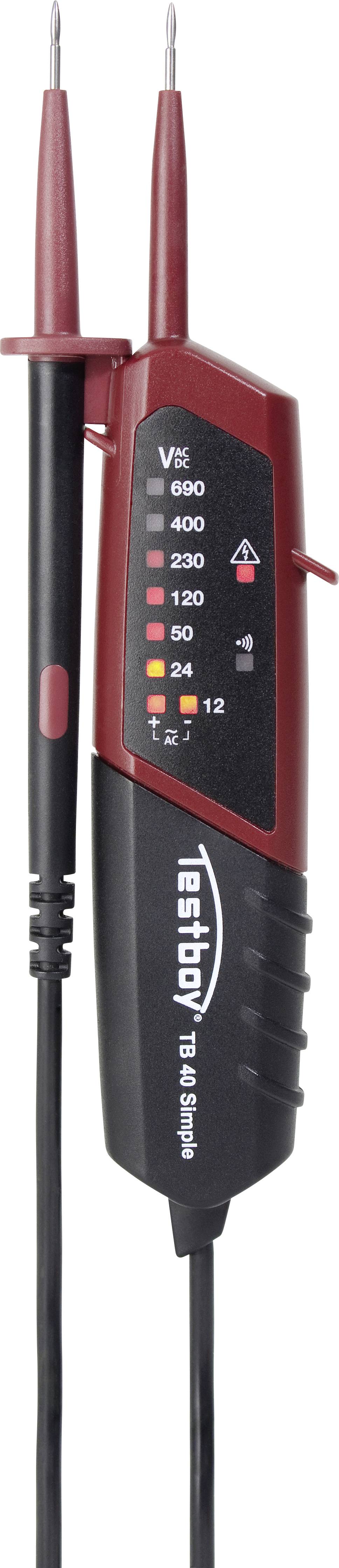 Voltage tester in red and black with LED indicators for various voltage levels from 6V to 690V.