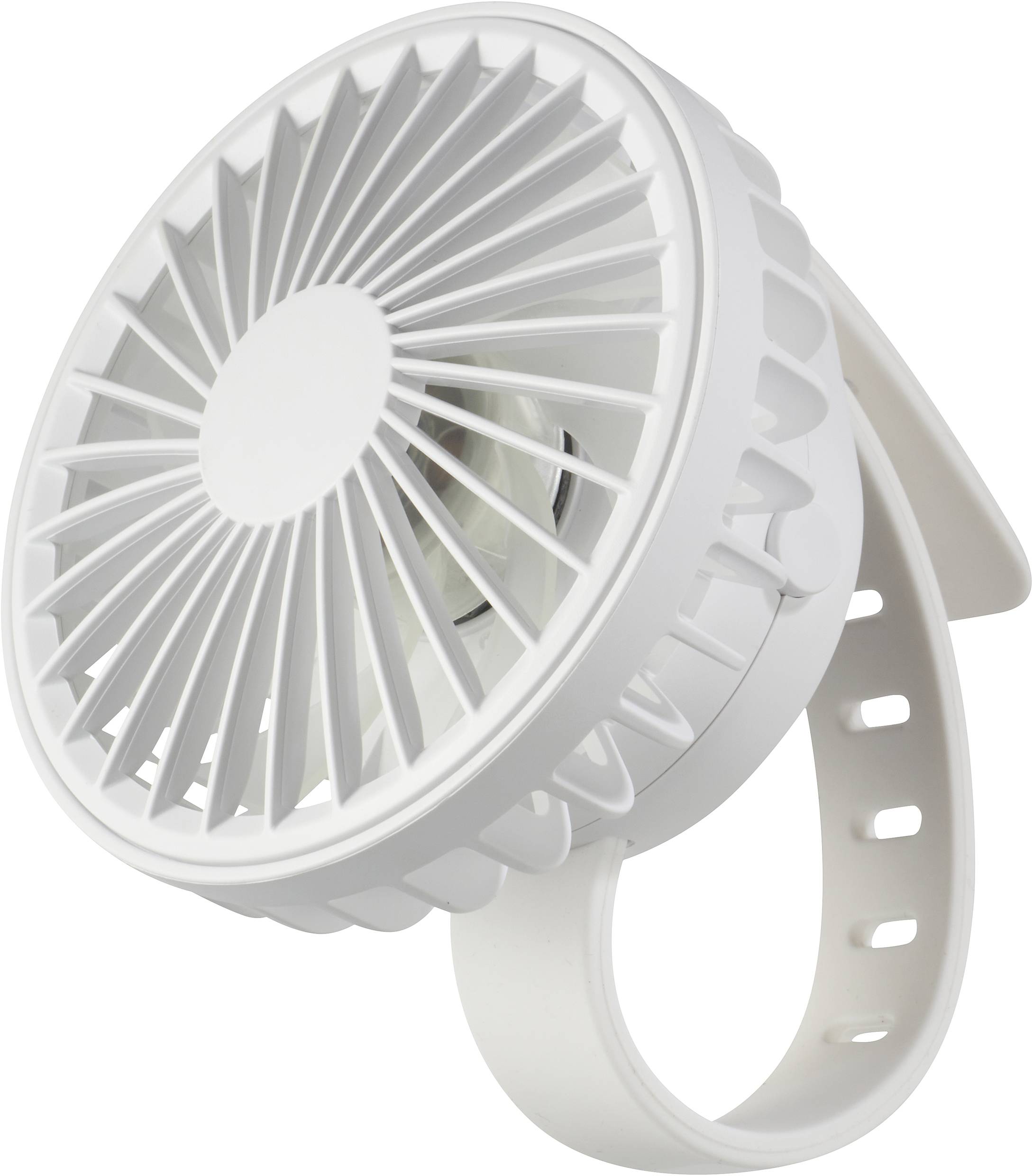 A white desk fan with a mesh design and an adjustable stand, suitable for personal cooling.