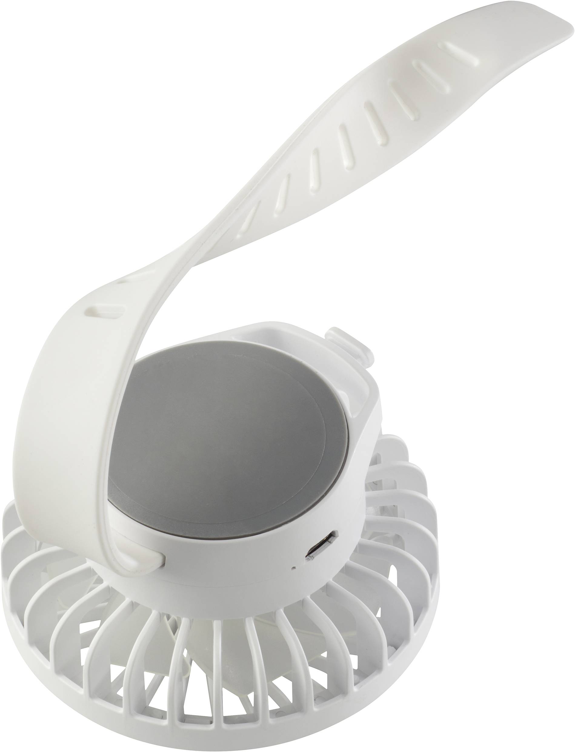 A white, portable fan with a flexible handle that can be bent into different positions. USB port on the side.