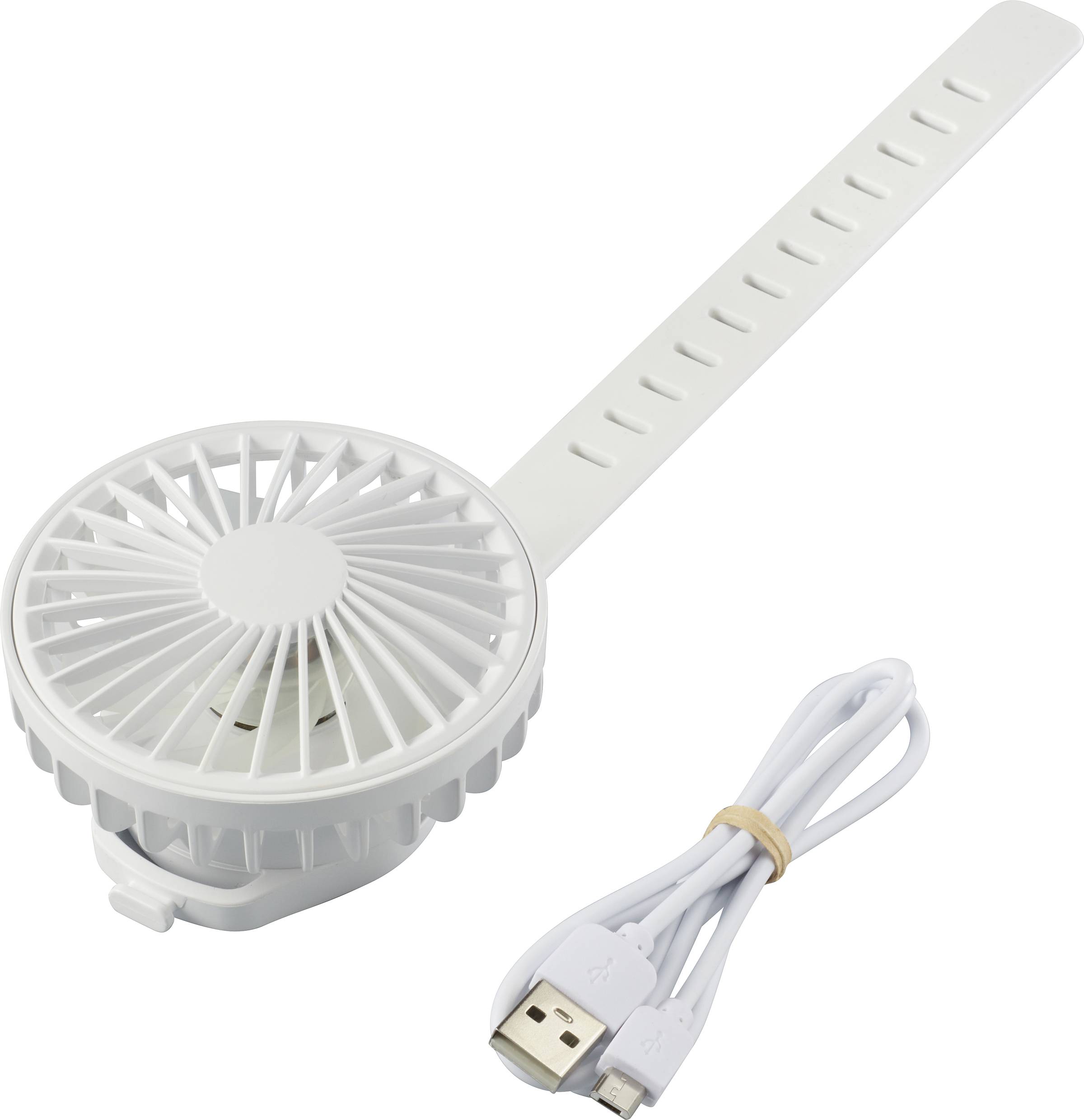 A small, portable, white fan with a flexible mounting arm and USB charging cable. Perfect for travelling and easy to install.