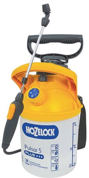 A yellow and white spray sprayer with a black handle, spray lance and the inscription 'HOZELOCK Pulsar 5 Plus'.