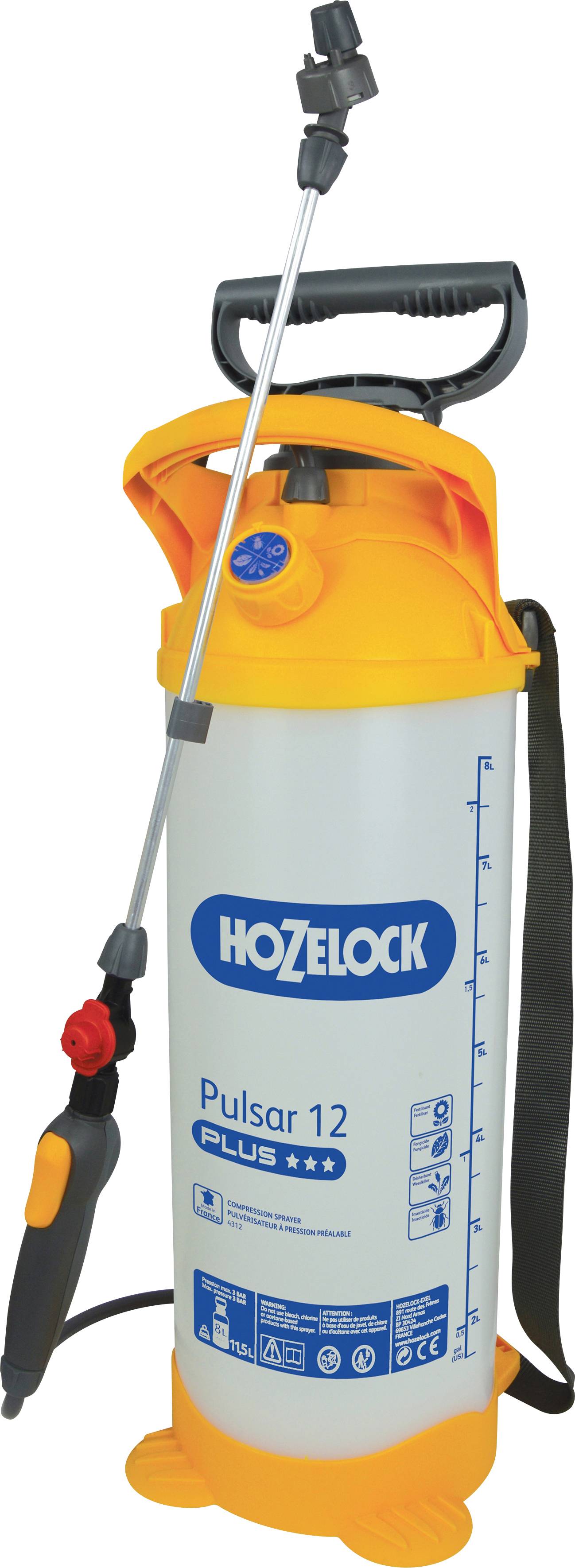 Garden sprayer in orange and white, with a handle and a long spray lance. Marked as 'Hozelock Pulsar 12 Plus'.