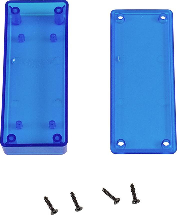 A blue plastic casing with a removable lid, alongside four black screws for securing it.