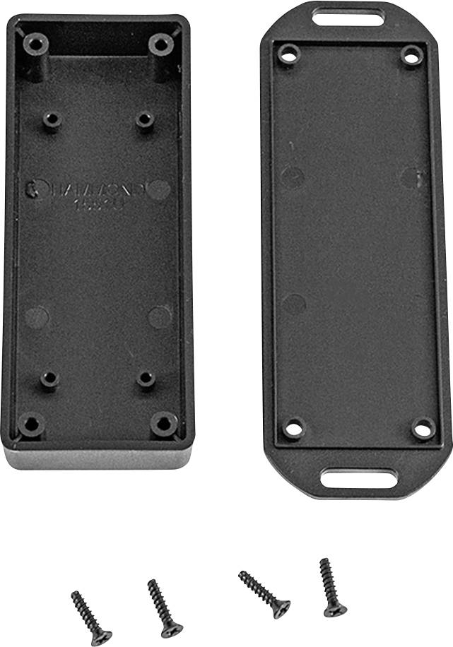 A black plastic enclosure, consisting of two parts, with four black screws underneath.