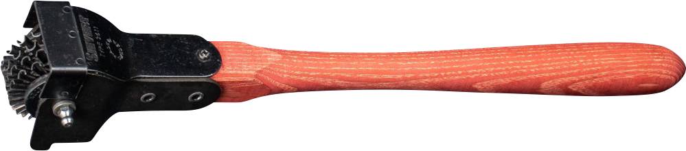 A wood rasp tool with a red handle and black metal head, used for smoothing and rounding wooden surfaces.