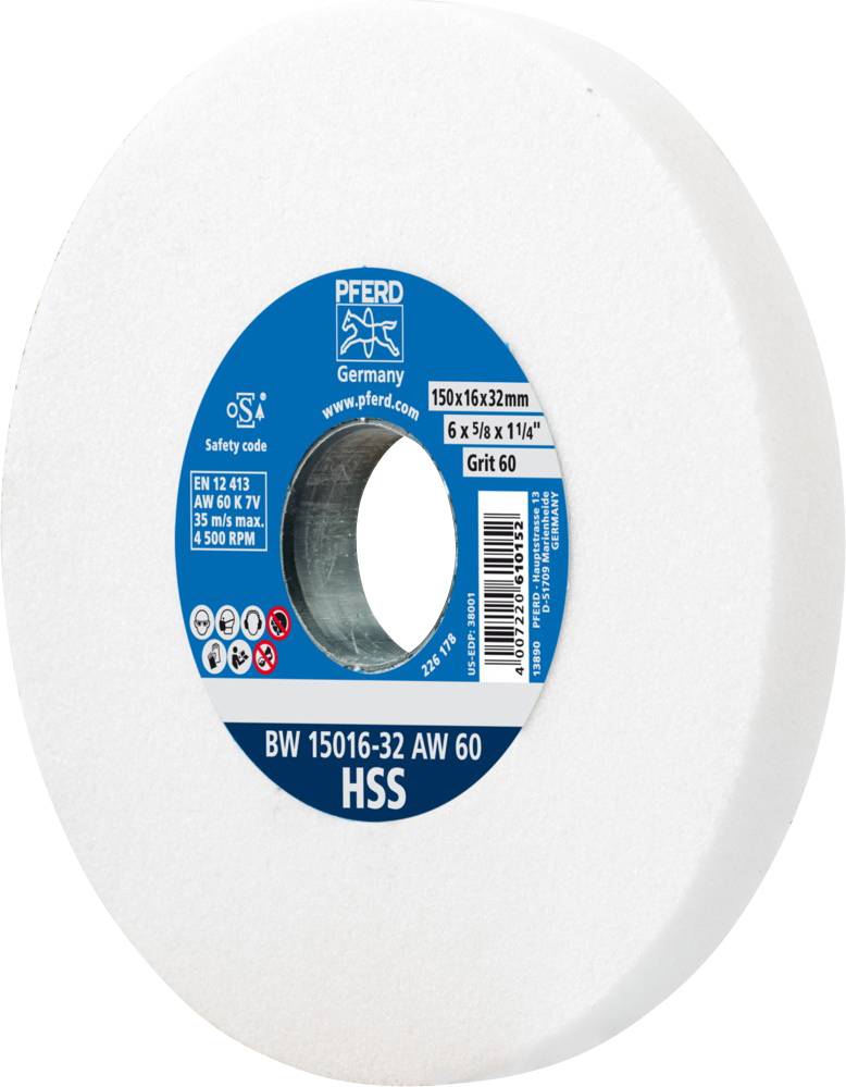 Grinding wheel with blue label, indicating size, grit (60) and manufacturer (PFERD).