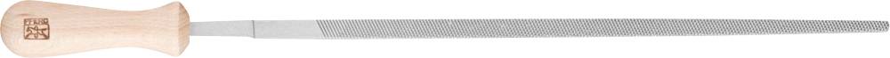 Metal file with a long, narrow metal blade and a light wooden handle.