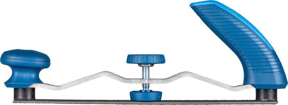 Blue precision plane with ergonomic handle and adjustable blade, viewed from the side.