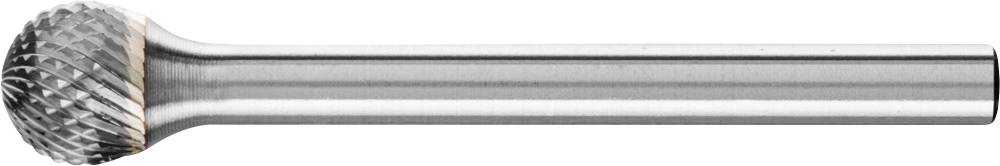 Tungsten carbide rotary burr with a ball-shaped head and fluted surface. Used for precise grinding and shaping of metal.