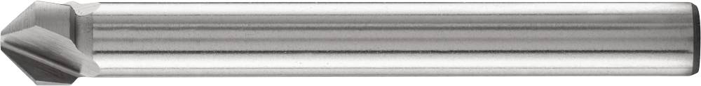 A conical metal countersink, cylindrical in shape, with a sharp angle cut at the end, a typical tool for countersinking work.