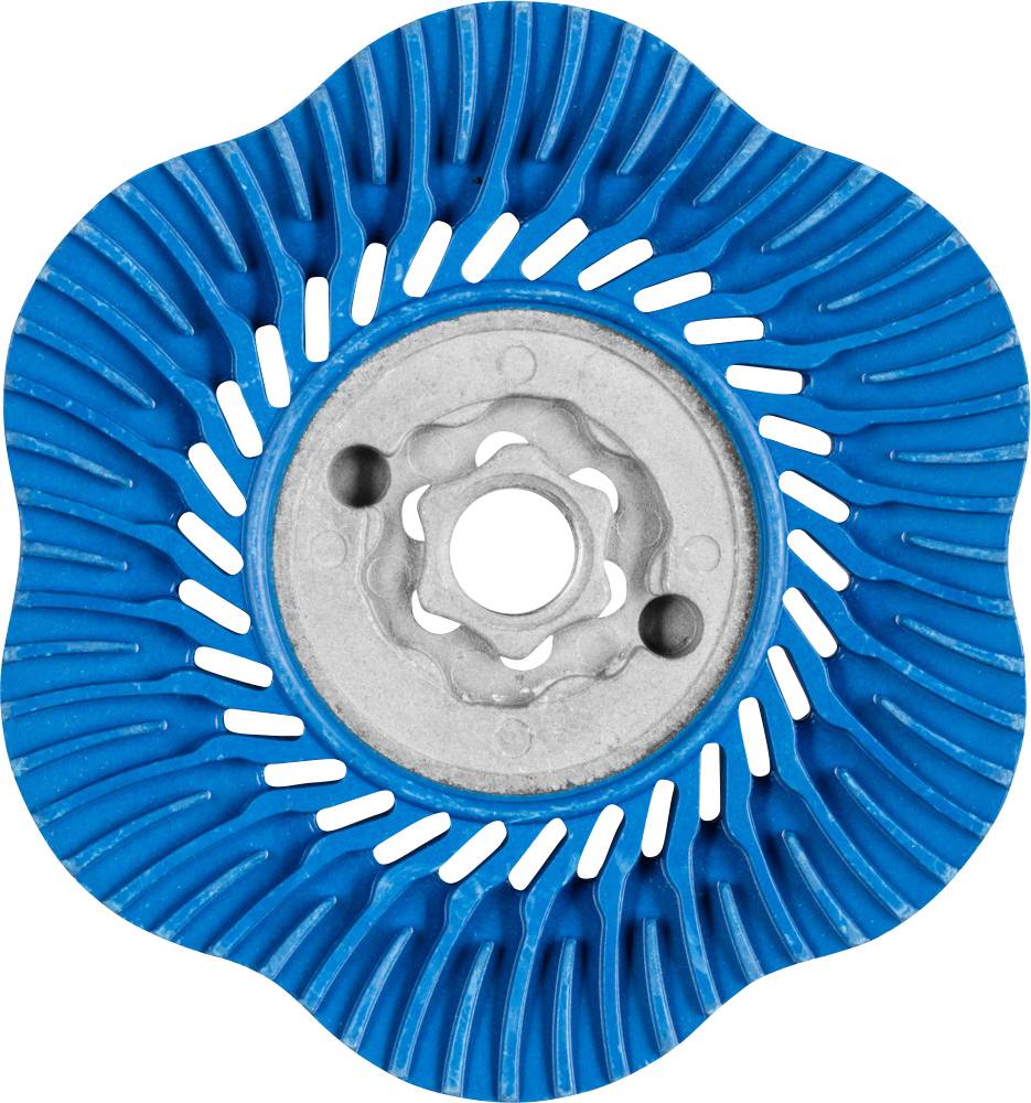 A blue abrasive tool with a wavy design and a metal centre section, used for smoothing surfaces.