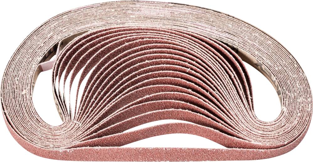 A stack of brown sanding belts is rolled up and stacked on top of each other. The sanding belts have a coarse texture.