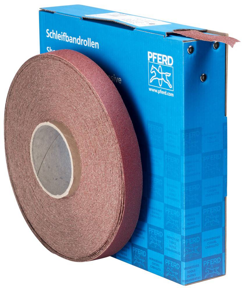 Sanding belt roll in front of a blue packaging with the inscription 'Sanding Belt Rolls' and 'PFERD'.