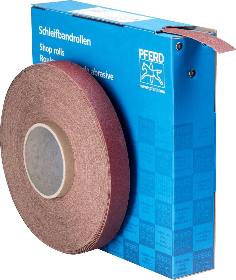 A roll of red abrasive tape, packaged in a blue box labelled 'Abrasive Tape Rolls'. Brand 'Pferd'.