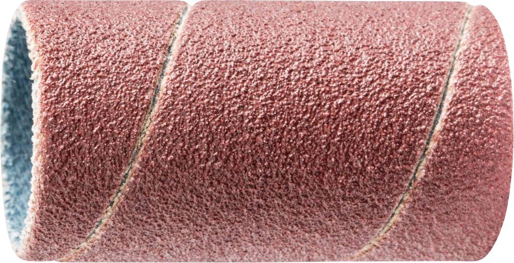 A cylindrical sandpaper with coarse, red grit, wound in a spiral; used for sanding work.