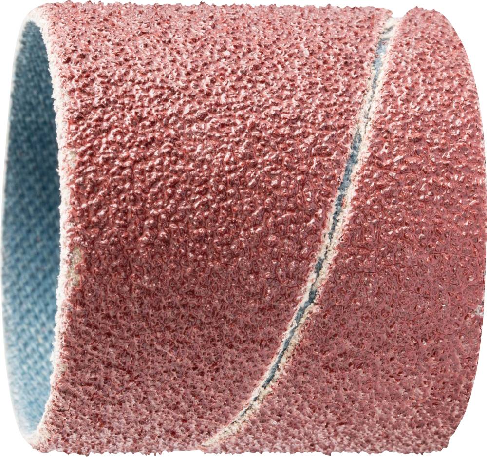 Abrasive sanding belt with coarse grit, pink, for material removal and surface treatment of metals and hardwood.