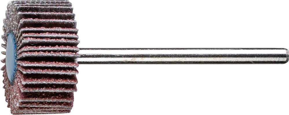Grinding tool with a round head made of stacked grinding discs and a long, metallic shaft.