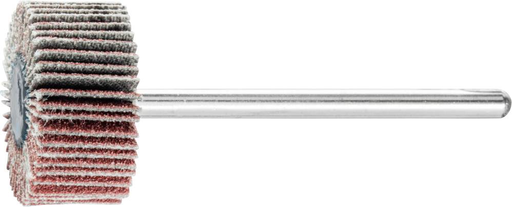 Grinding tool with red and white lamellas and metal rod against a white background. Ideal for surface treatment and polishing.