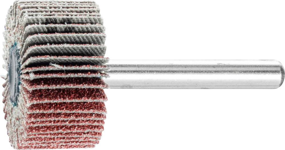Sanding attachment with multiple lamellas on a metal rod, used for smoothing or polishing surfaces.Lamella sander or buffing attachment with several overlapping abrasive flaps mounted on a metal shaft, designed for surface finishing and polishing.