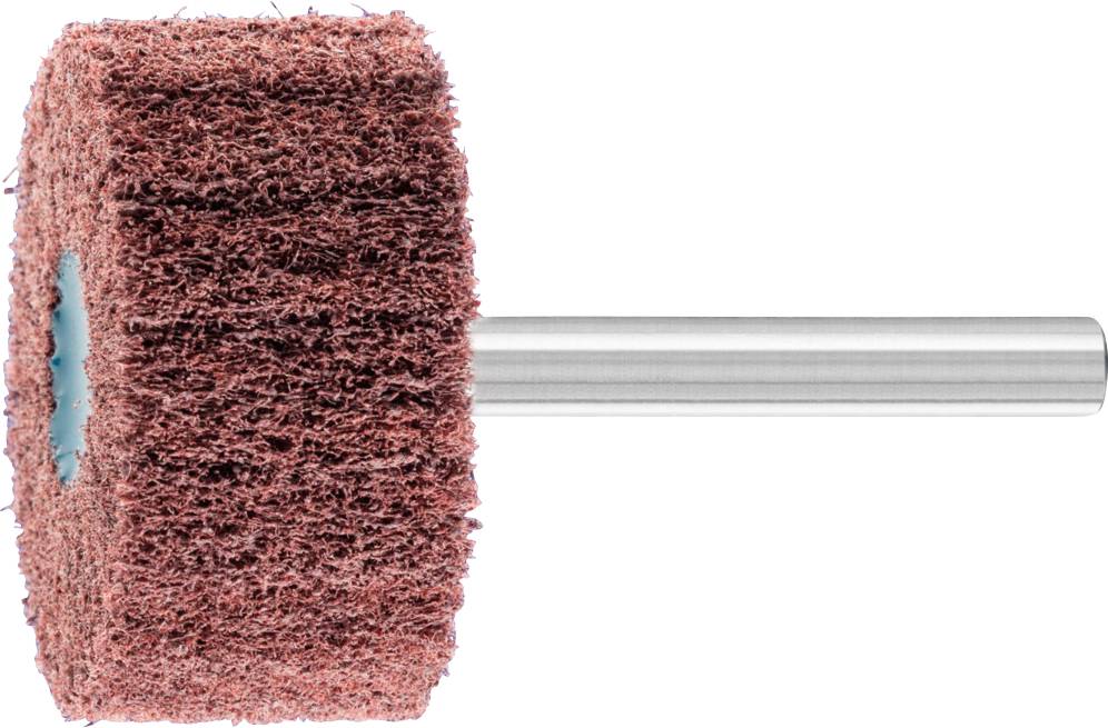 A cylindrical grinding tool with red abrasive fleece and a silver shaft. Primarily used for metalworking.