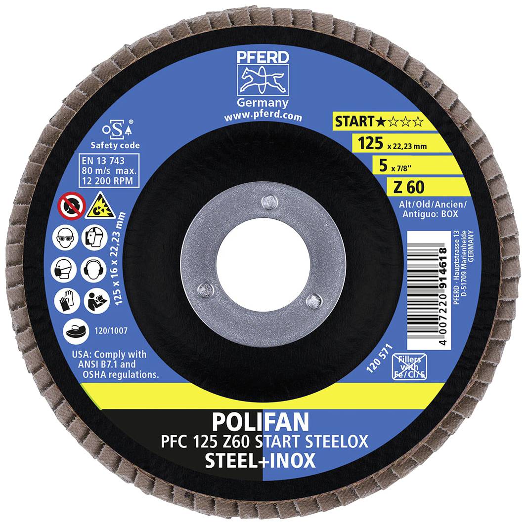 PFERD grinding disc, model POLIFAN PFC 125 Z60 START STEELOX, for steel and stainless steel. Size: 125 x 22.23 mm, maximum rotational speed: 12,200 rpm.