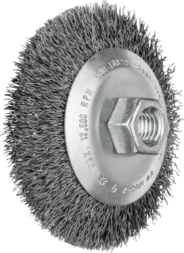 Metal wire brush in disc form with dense steel wire bristles, suitable for cleaning and rust removal on metal surfaces.