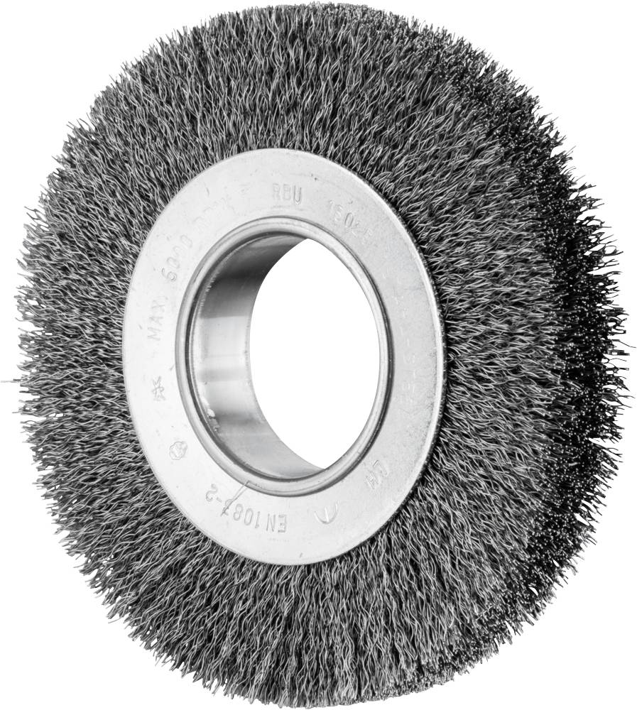Wire brush wheel with densely packed steel wires and a metal core for grinding or cleaning work.