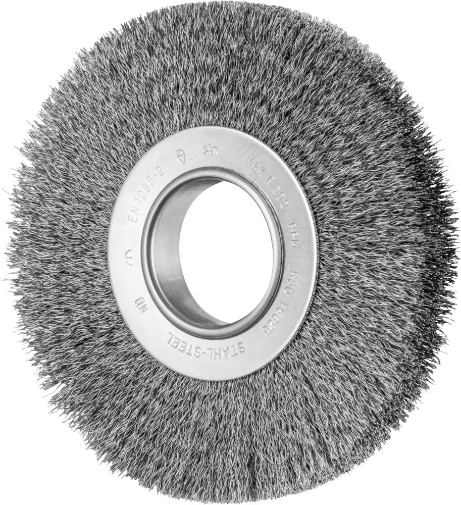 Steel wire brush with round shape, suitable for removing rust or paint from metal surfaces.