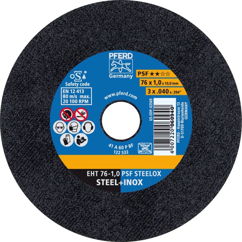 PFERD cutting disc, model PSF STEELOX, with dimensions 76x1.0 mm, suitable for steel and stainless steel.