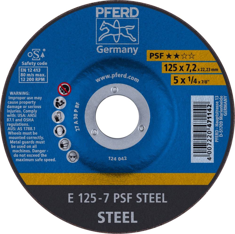 Schleifscheibe von PFERD für Stahlbearbeitung, Durchmesser 125 mm, Stärke 7,2 mm, max. Drehzahl 12.200 U/min, Sicherheits- und Warnhinweise.