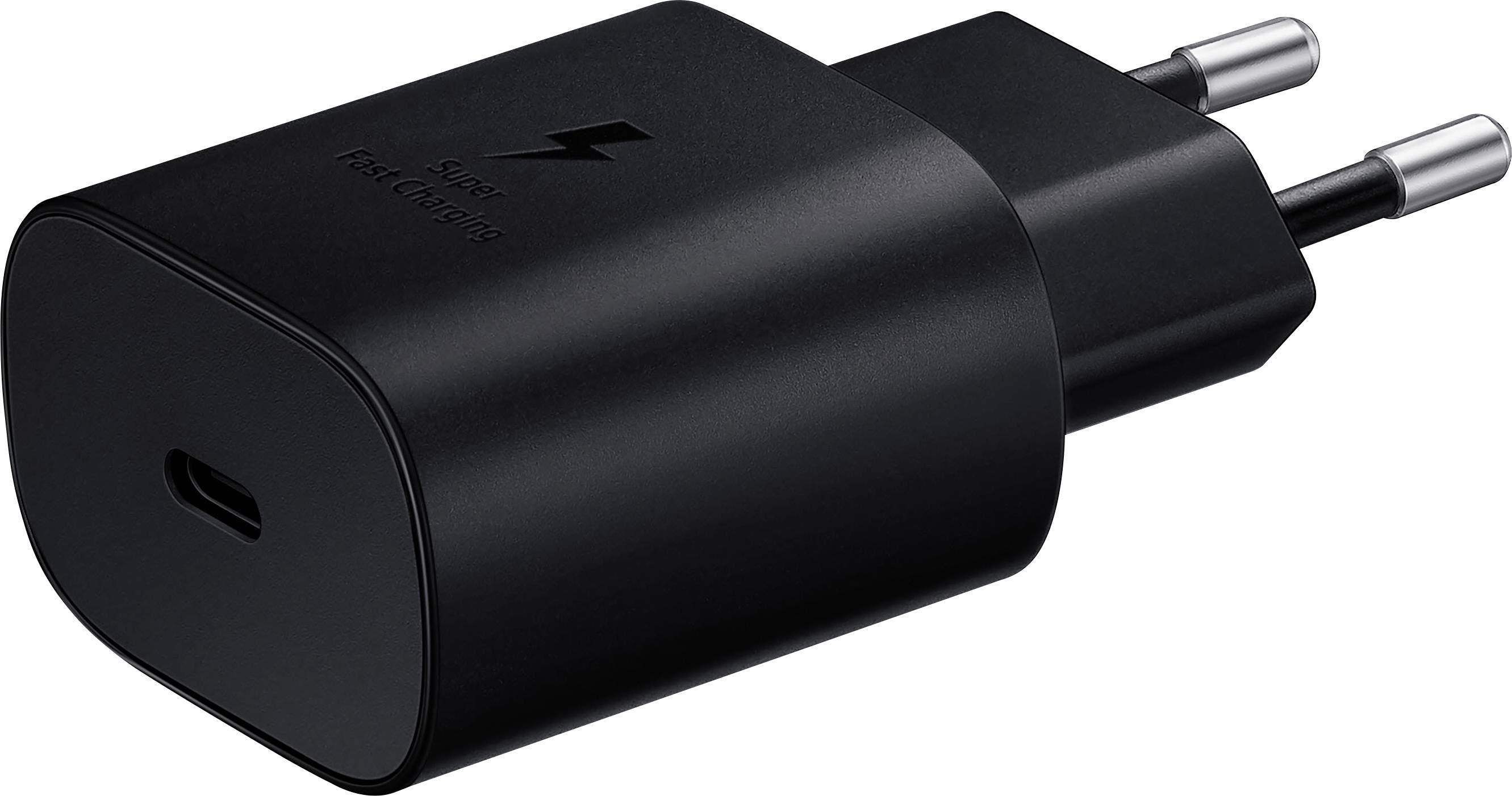 A black USB-C charger with two ports. It has lightning symbols on top, indicating fast charging capabilities.